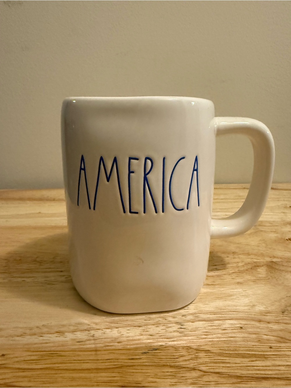 Rae Dunn White Mug with Blue "AMERICA" Lettering